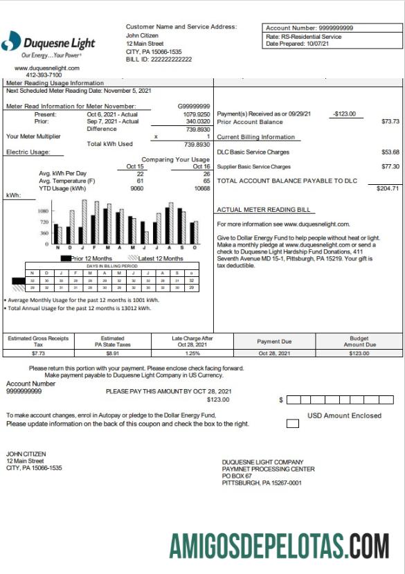 imprimível Modelo de conta de serviços públicos da Pensilvânia Duquesne Light Company nos EUA em formato Word e PDF
